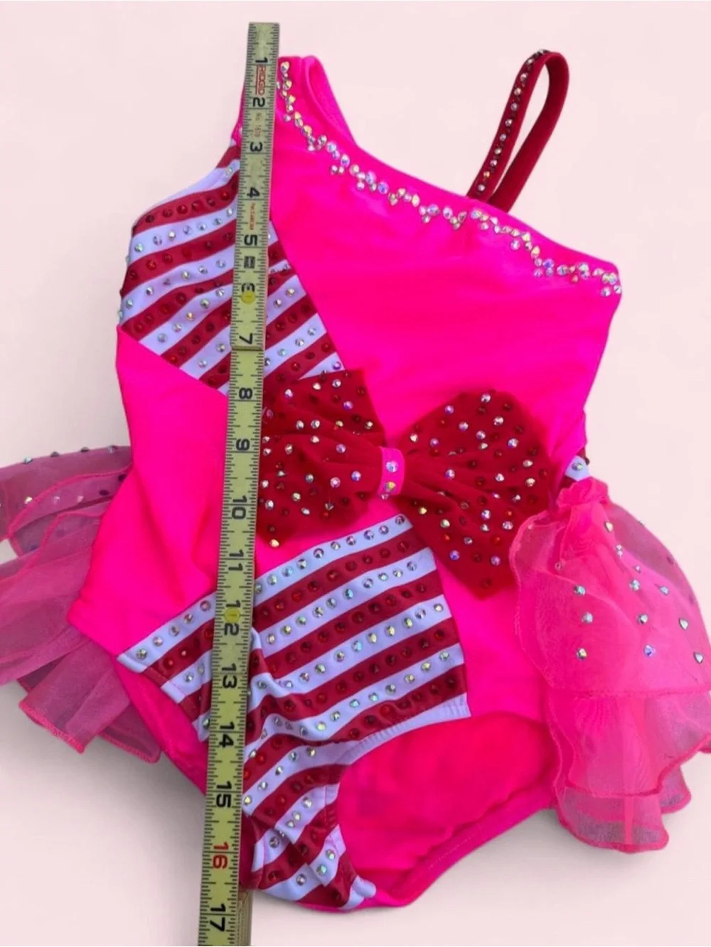 Glamour Hot Pink Candy Stripe Tutu Leotard w Red Bow Dance Halloween Costume SzS